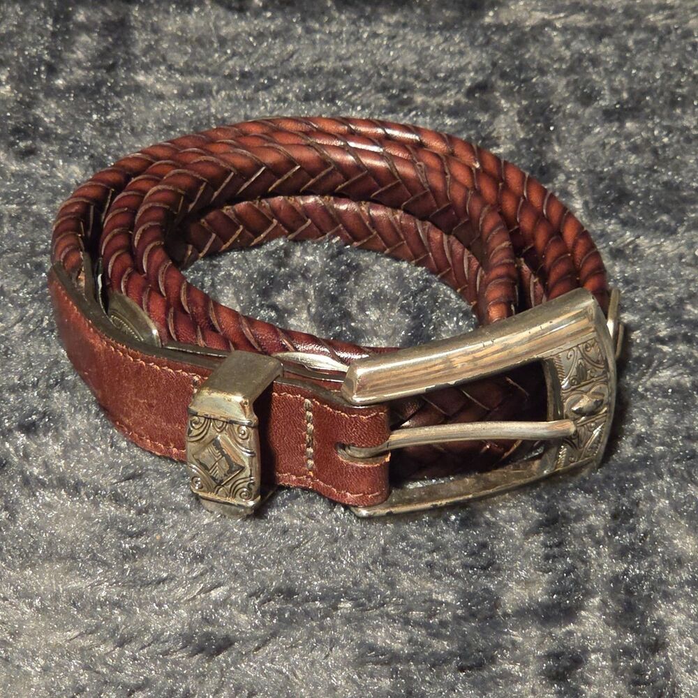 BRIGHTON Brown Leather Braided Belt Q2108 Silver Buckle & Conchos Size M30